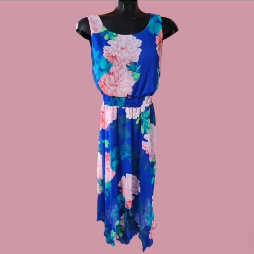Kate and Lily Royal Blue Funky Asymetrical Hem Hi-Low Floral Dress